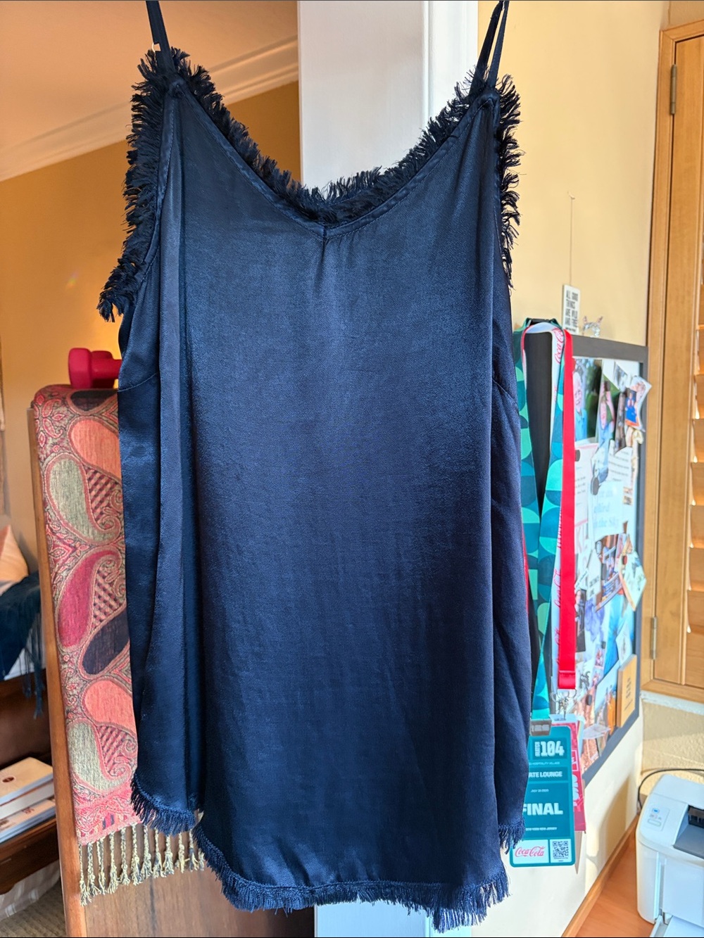 Fringe-Trim Navy Satin Camisole